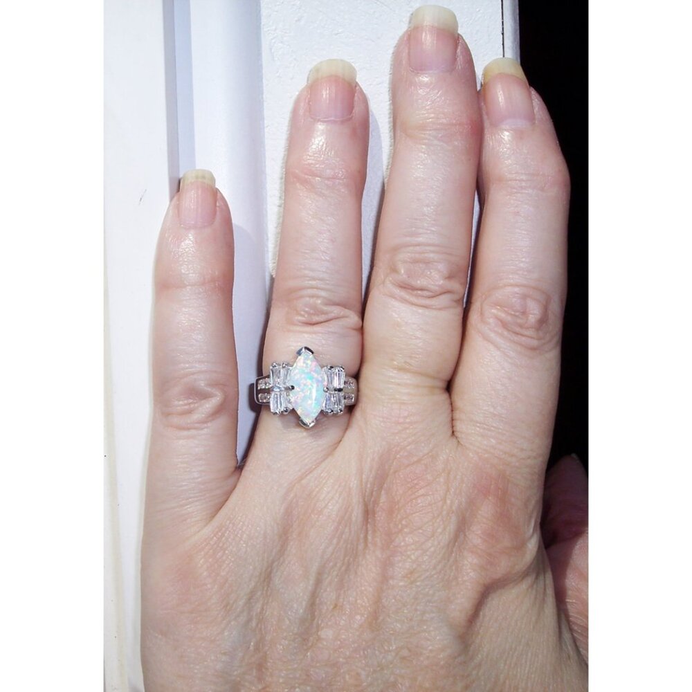 925 STERLING SILVER Marquise Lab Created White Fire Opal & CZ Ring - Picture 4 of 15